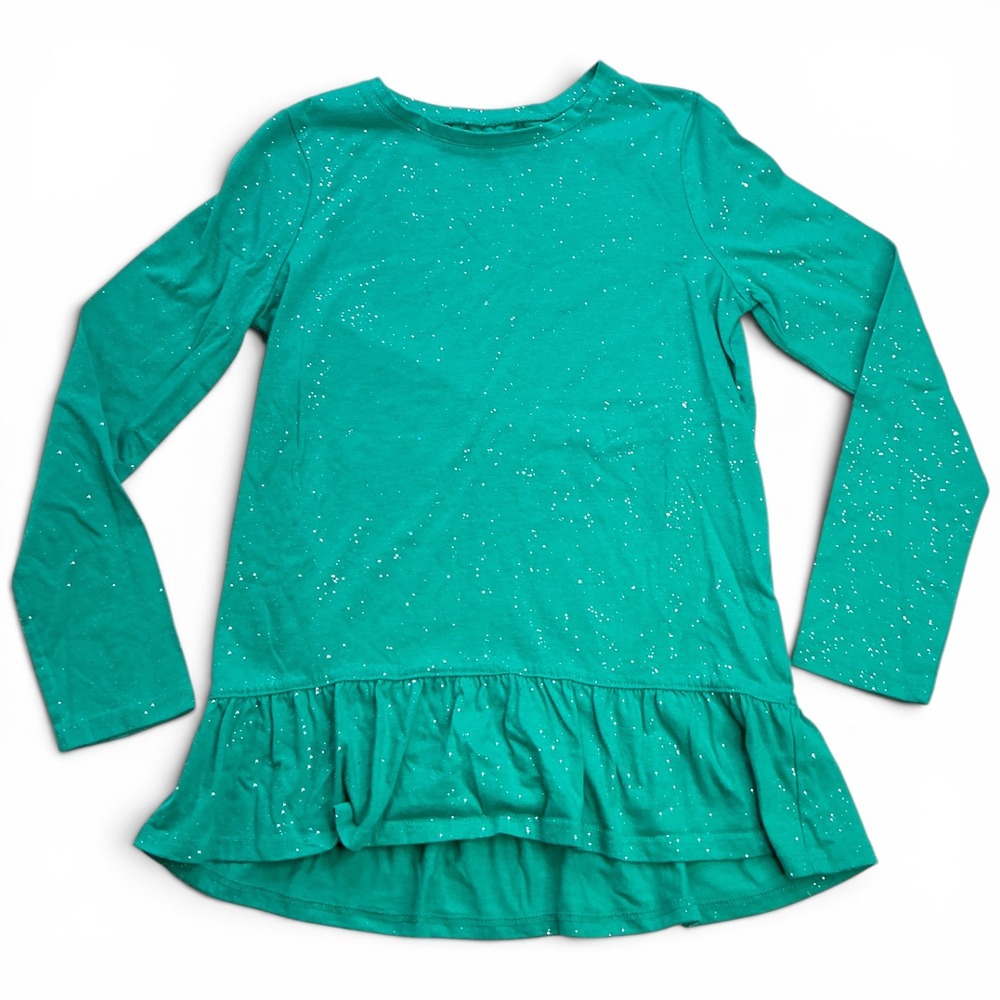 Gap Kids Teal Glitter Peplum High Low Top Girls Size L 10-11 Sparkly Long Sleeve